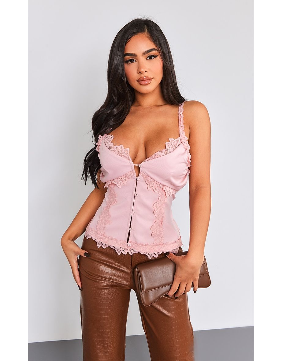 Petite Baby Pink Lace Trim Button Cami