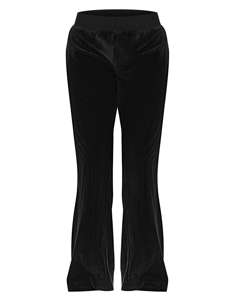 Black Velour Diamante Hot Fix Zip Wide Leg Trousers - 4