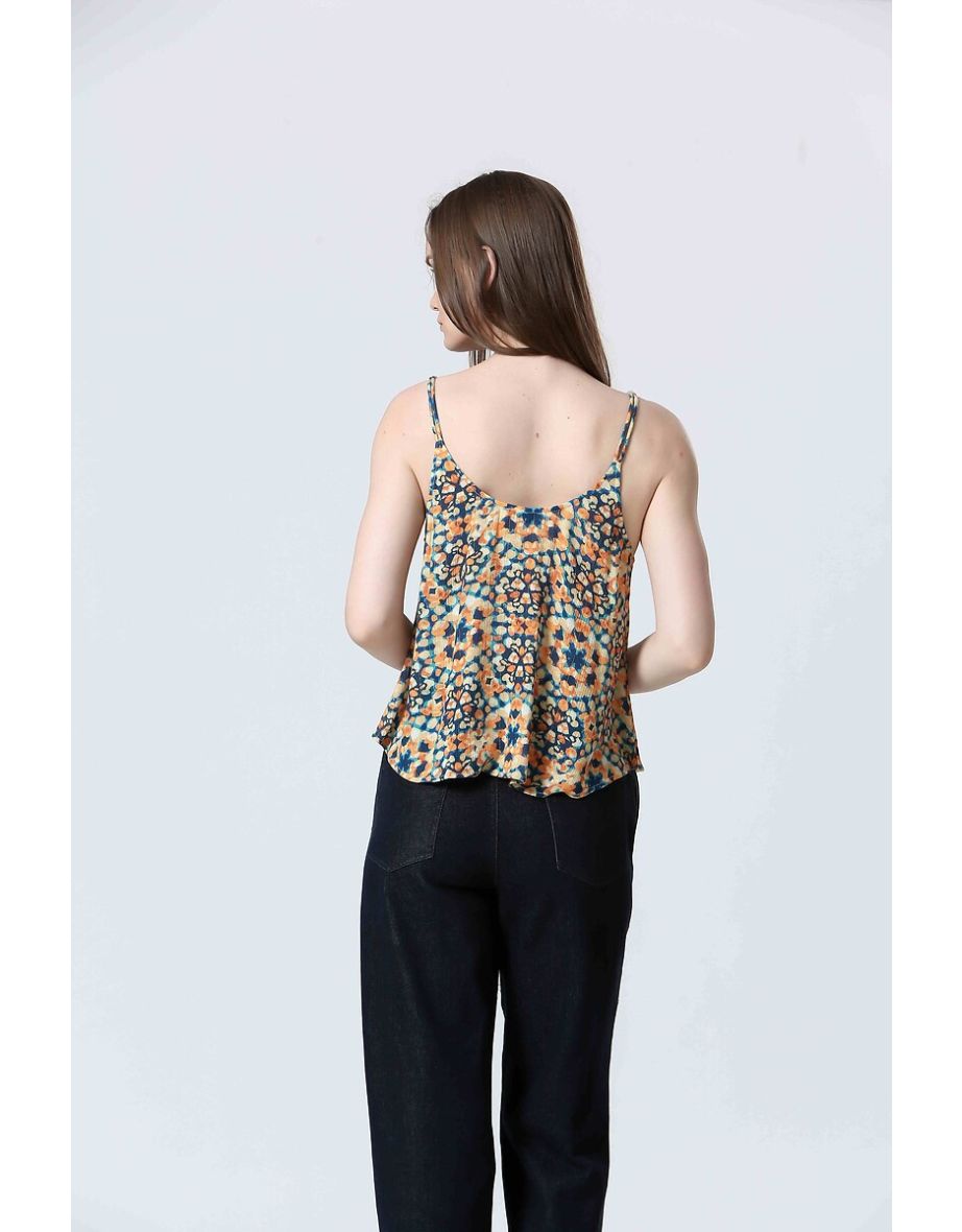 Floral Print Tank Top with Round Neck and Shoestring Straps - 4