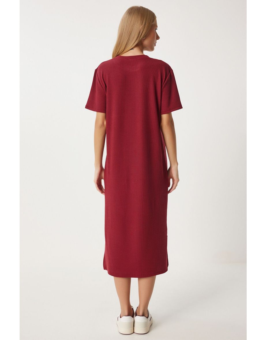Women's Burgundy Loose Long Daily Summer Knitted Dress - 4