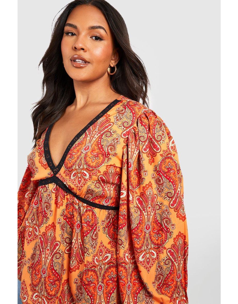 Plus Paisley V Neck Smock Top - orange - 3