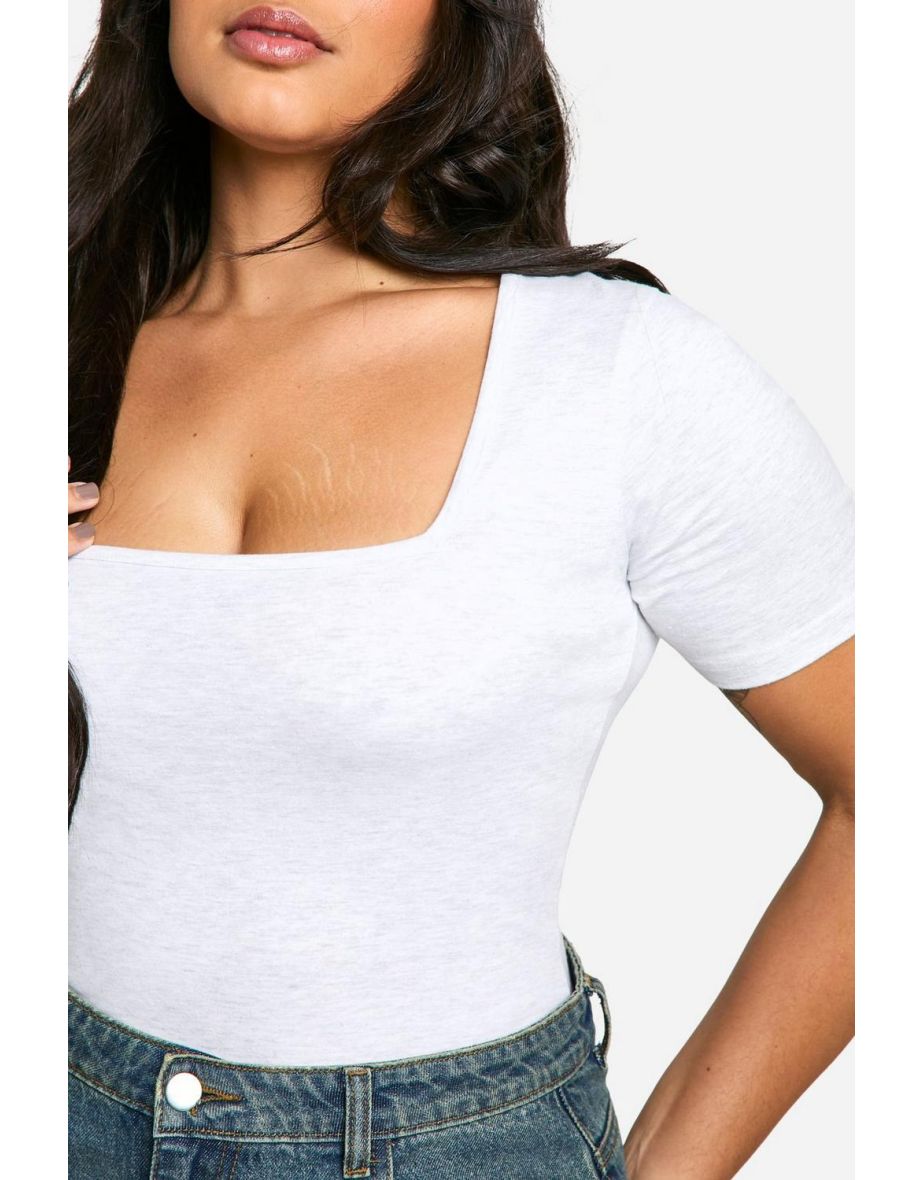 Plus Cotton Square Neck Short Sleeve Bodysuit - ash grey - 3