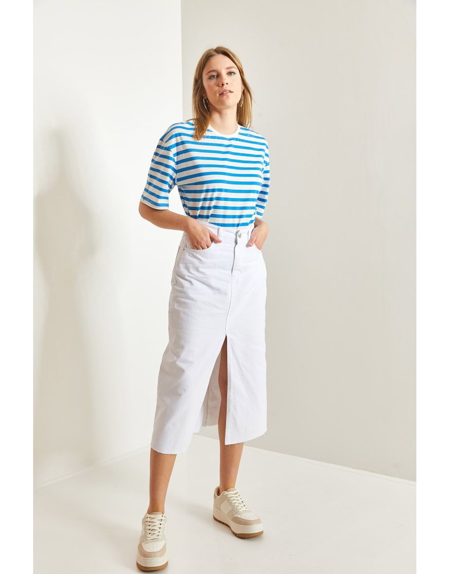 Women's Laser Cut Slit Denim Skirt - 4