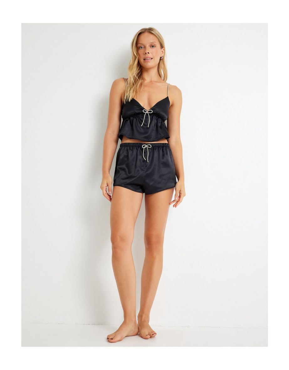 Crop Top Satin Pajama Top with Shiny Metallic Bow Detail