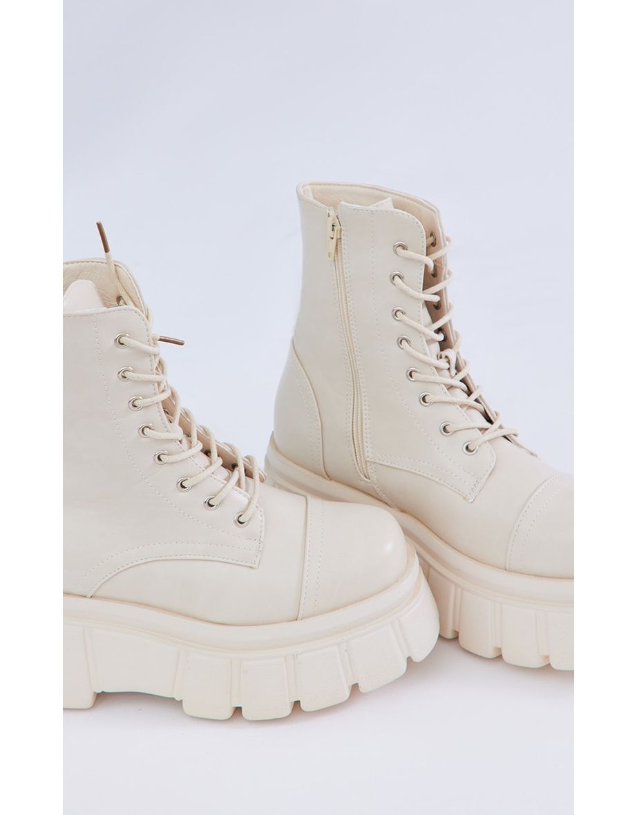 Cream Extreme Flatform Sole Biker Boots - 3