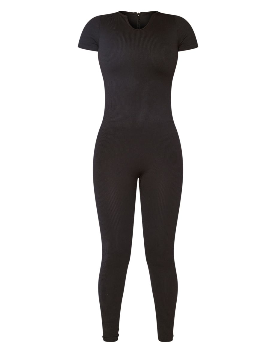 Petite Black Structured Contour Rib V Neck Short Sleeve Jumpsuit - 4