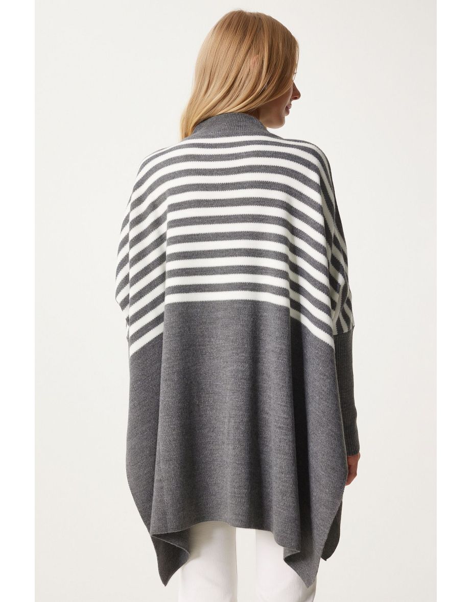 Women's Gray Striped Side Slit Oversize Poncho Sweater - 4