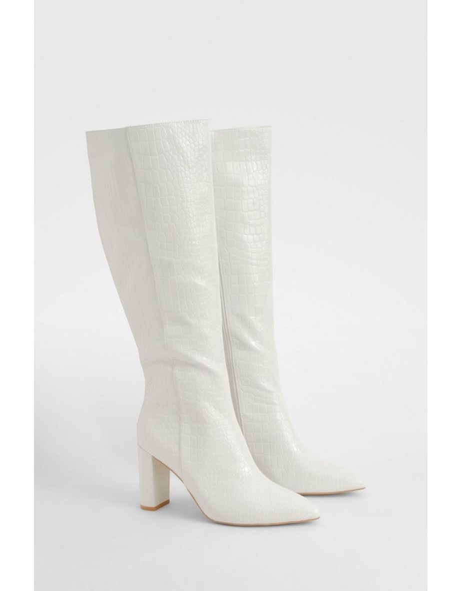 Wide Fit Croc Pointed Knee High Heeled Boots - cream