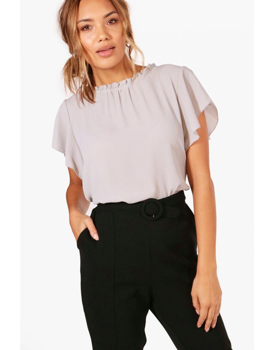 Woven Frill Sleeve And Neck Blouse - light grey