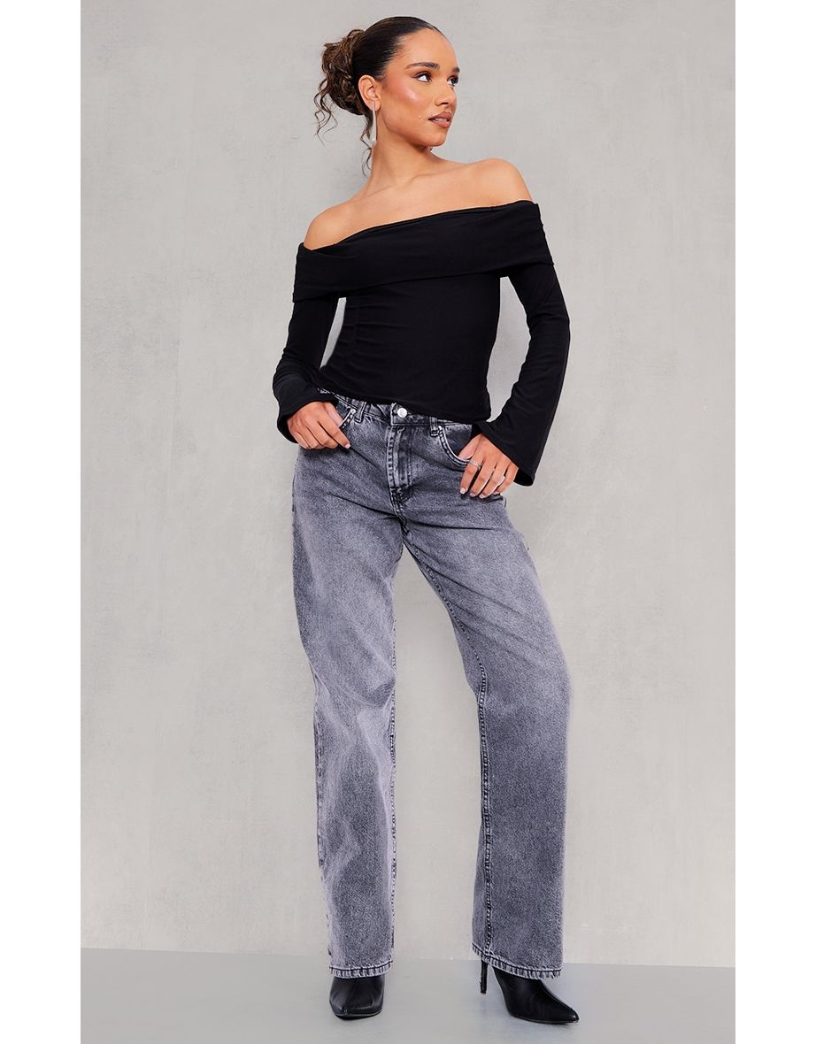 Black Soft Touch Jersey Foldover Flared Sleeve Top