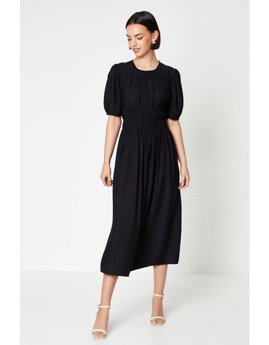 Shirred Bodice Puff Sleeve Midi Dress