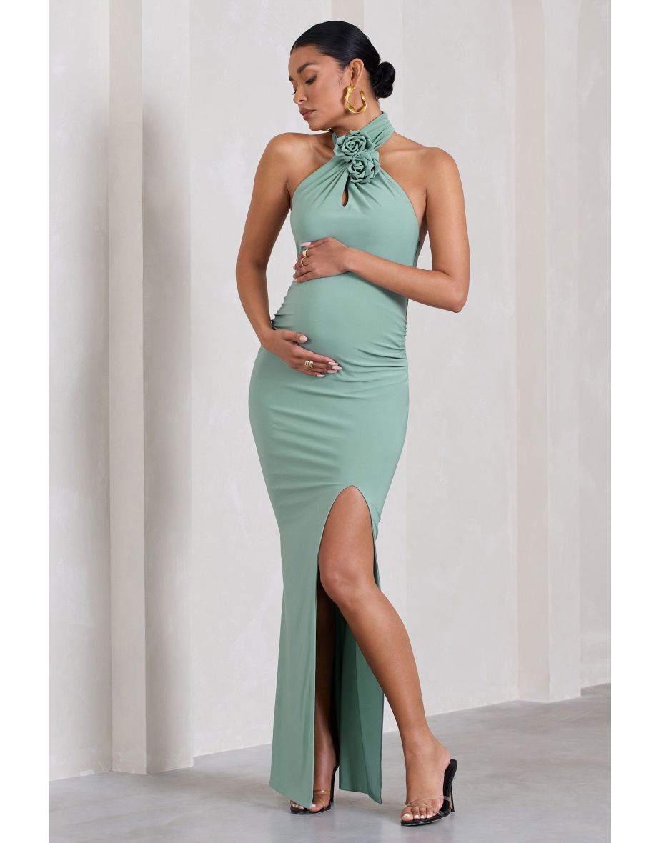 Marissa | Sage Halter-Neck Split Maternity Maxi Dress With Flowers - 4