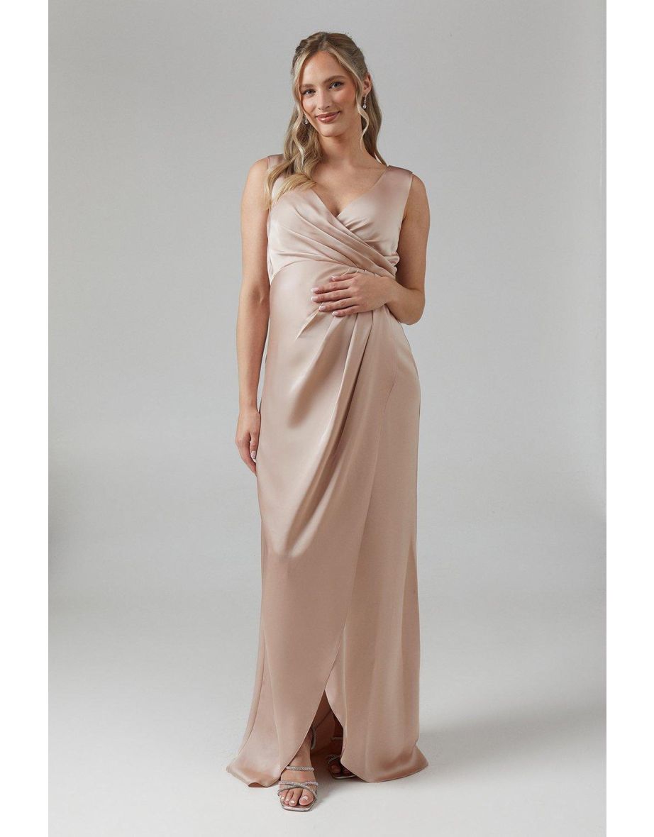 Shop Maternity Ruched Waist Detail Satin Bridesmaids Dress Online in Bahrain VogaCloset