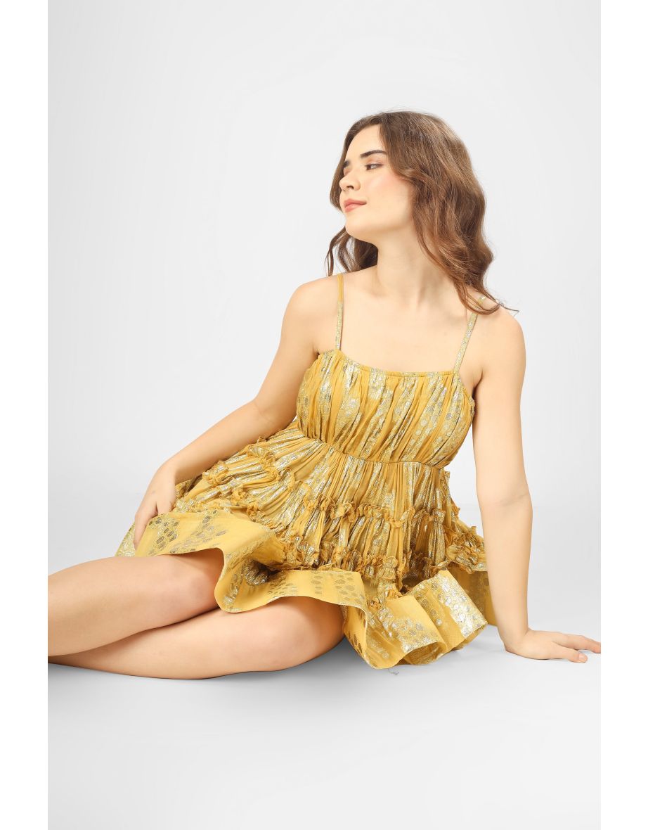 Bethan Metallic Printed Mini Dress in Yellow - 5