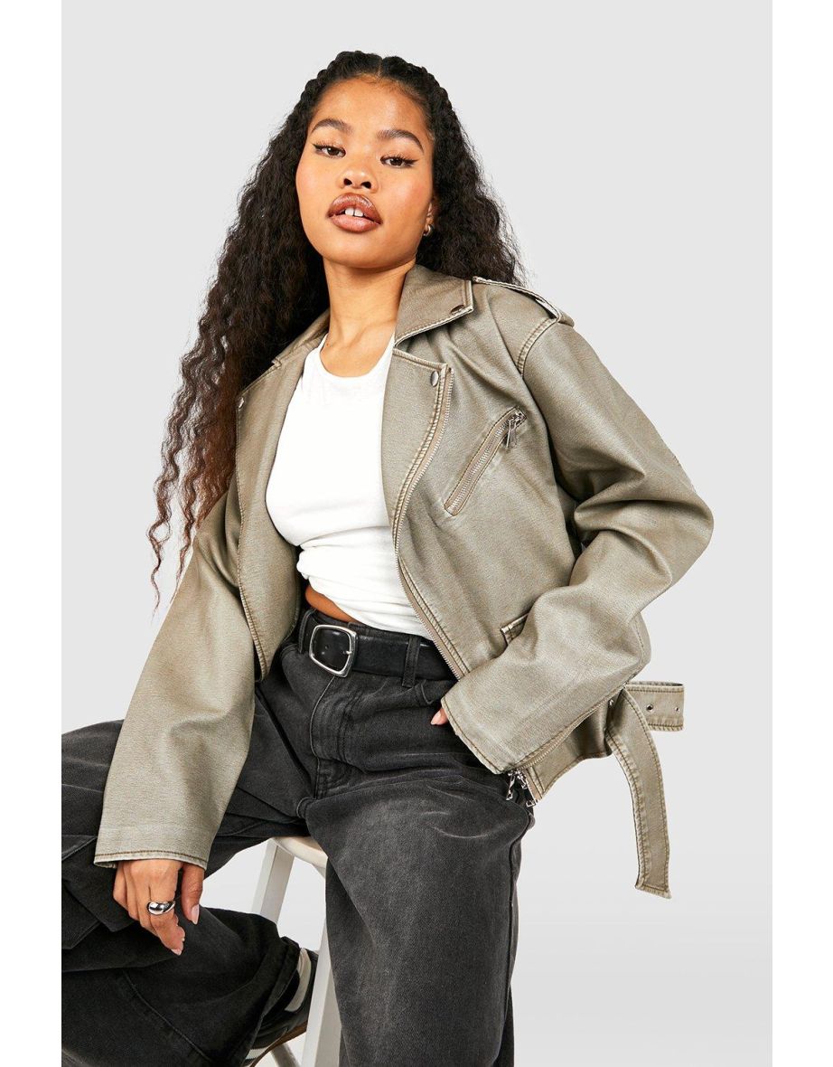 Shop Petite Vintage Faux Leather Oversized Biker Jacket grey Online in Bahrain VogaCloset