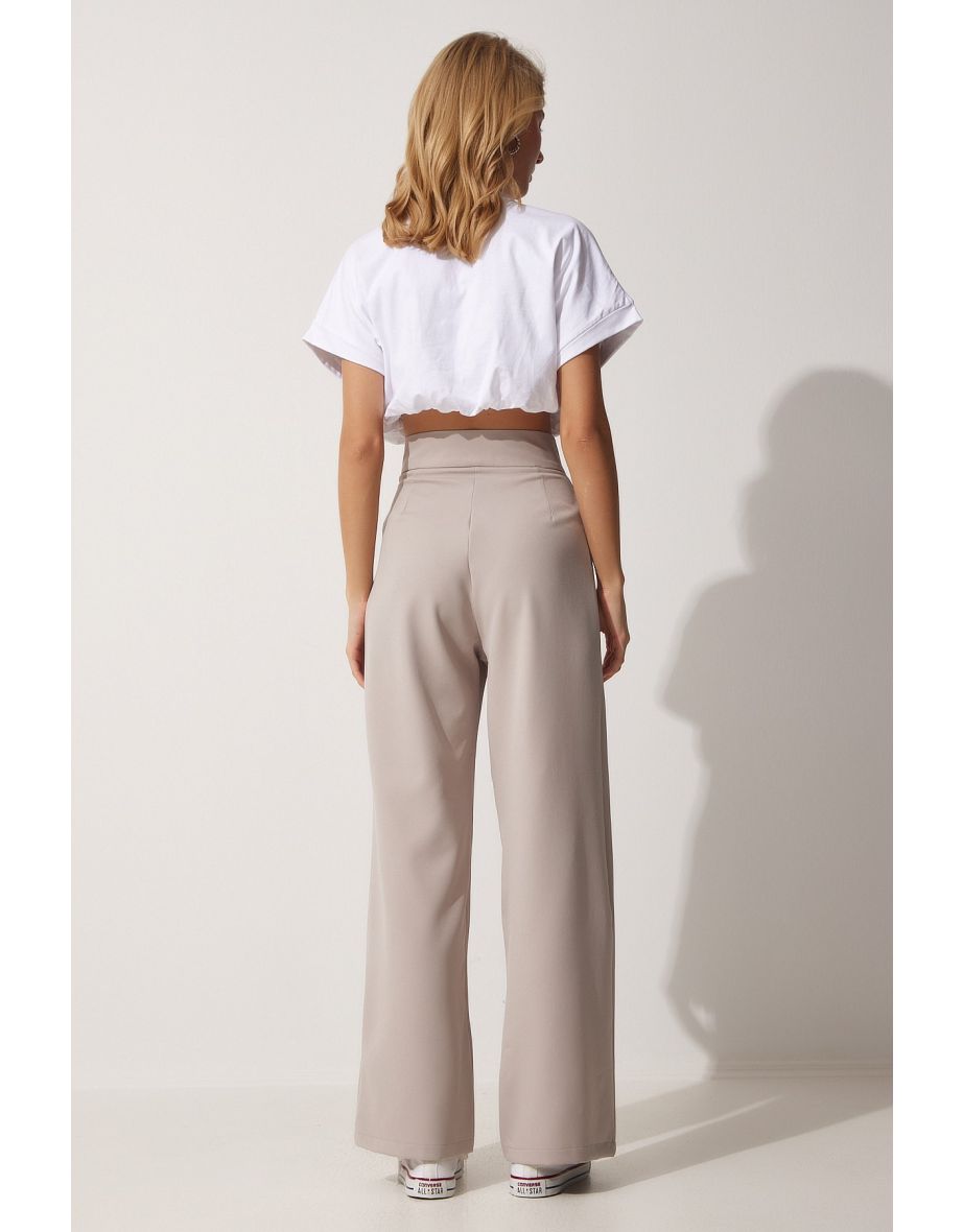 Women's Beige Loose Trousers with Velcro Fastener - 5