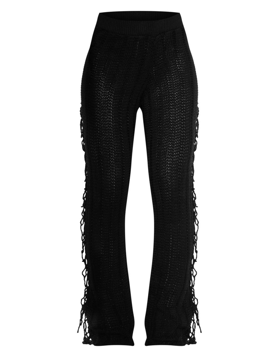 Black Tassel Crochet Wide Leg Trousers - 4