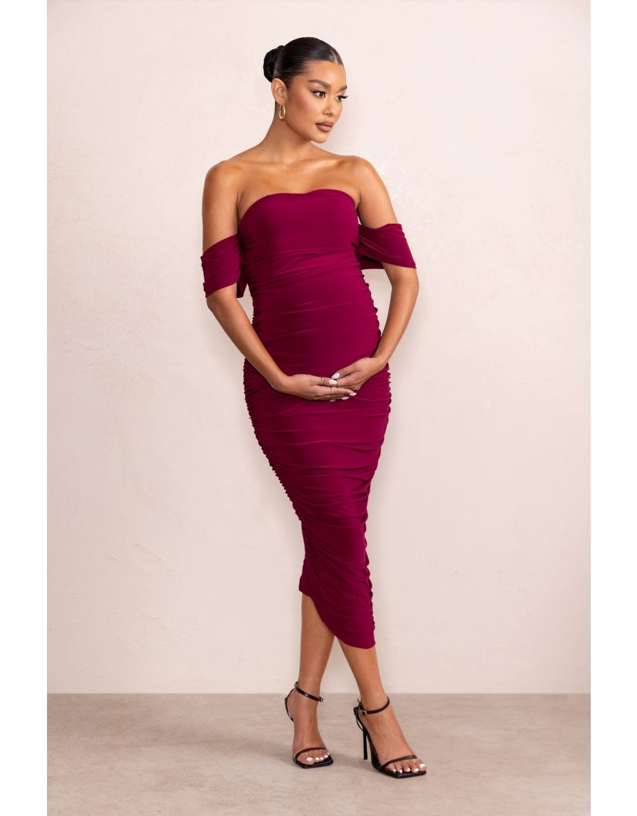 Berry Maternity Ruched Bardot Midi Dress - 4