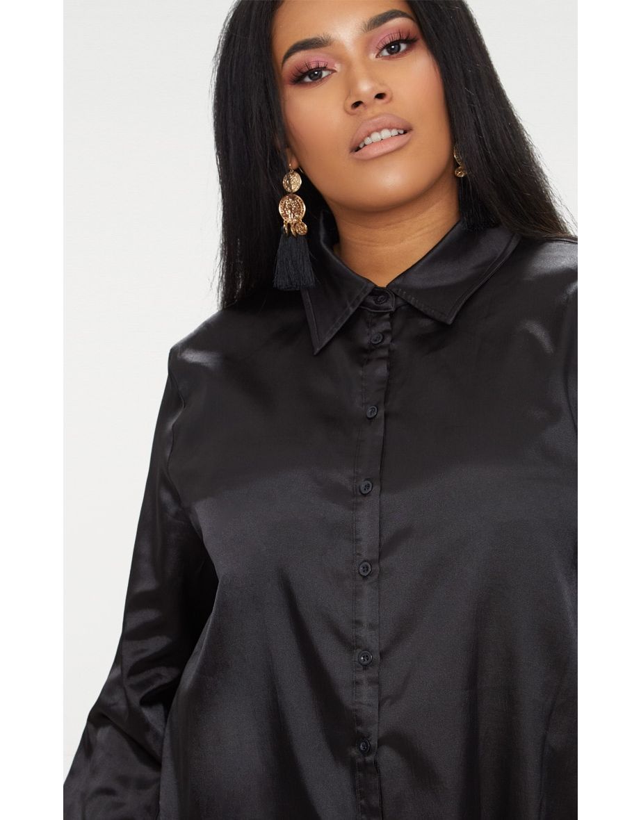 Plus Black Satin Button Front Shirt Dress - 4