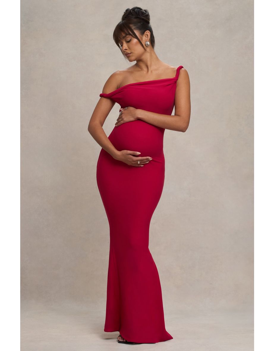 Lita | Red Twisted Asymmetric Maternity Maxi Dress