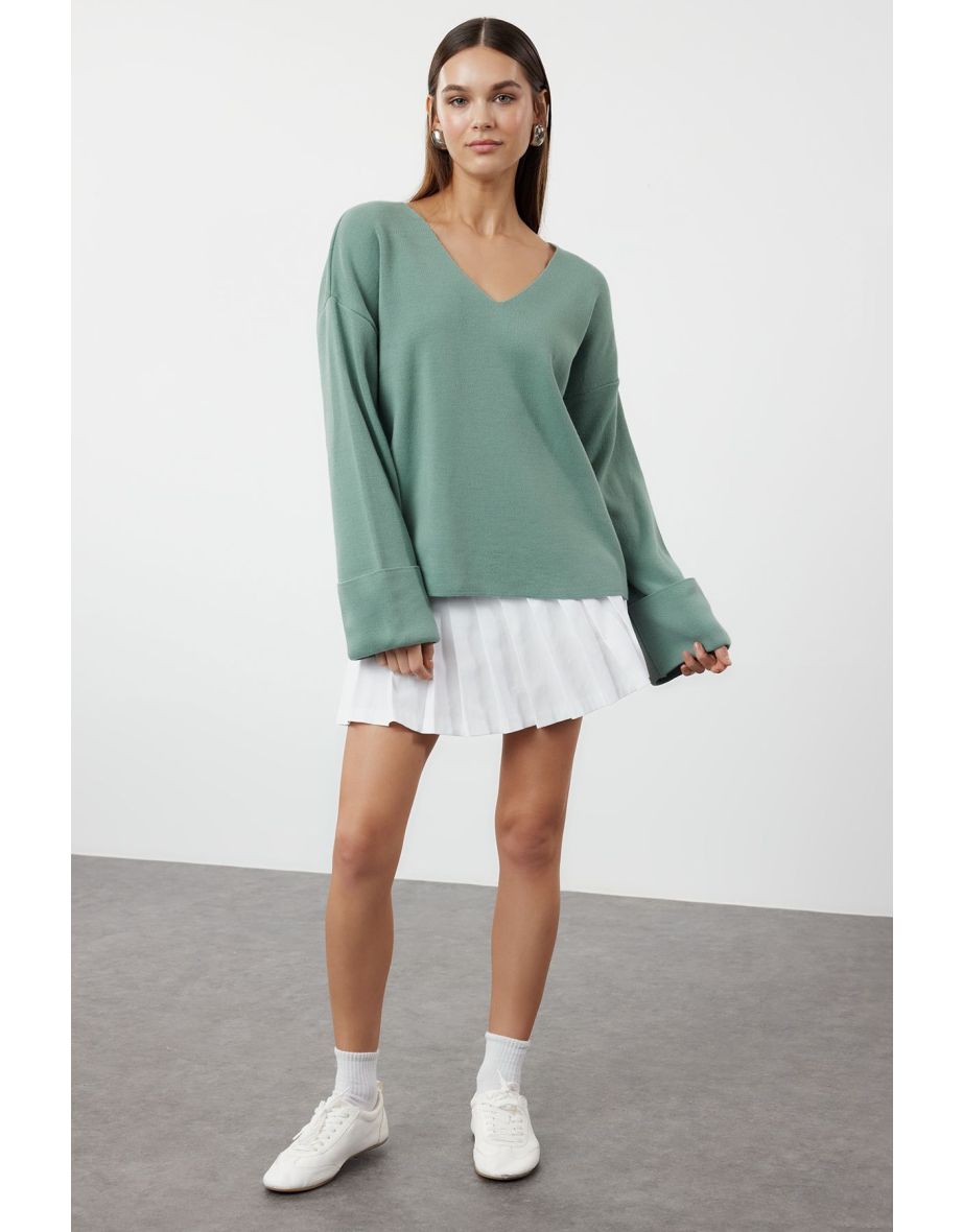 Mint Wide Pattern Sleeve Folded Knitwear Sweater