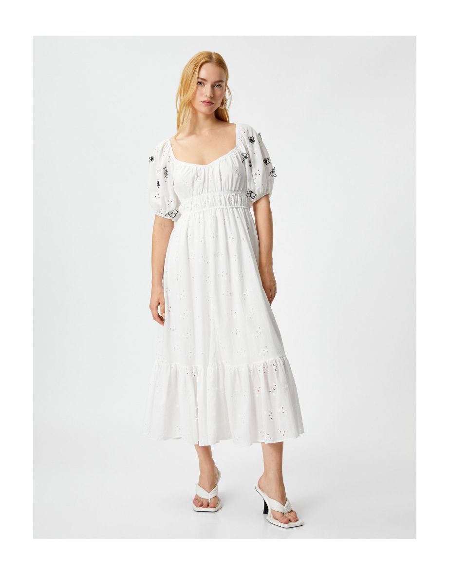 Balloon Sleeve Scalloped Midi Dress