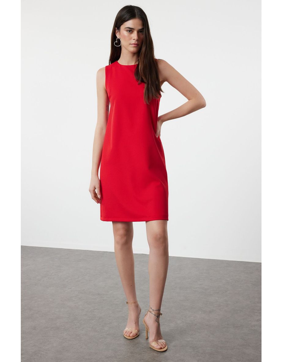 Red Straight Cut Sleeveless Crew Neck Mini Woven Dress