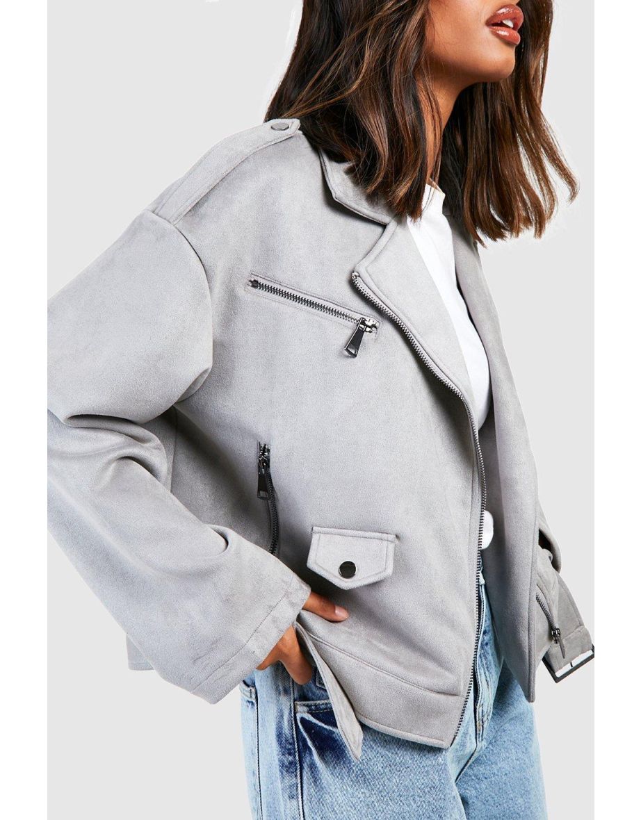 Oversized Faux Suede Biker Jacket - grey - 3