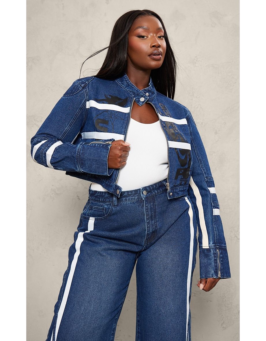 Shop Plus Mid Blue Wash Graphic Detail Panelled Cropped Denim Jacket Online in Qatar VogaCloset