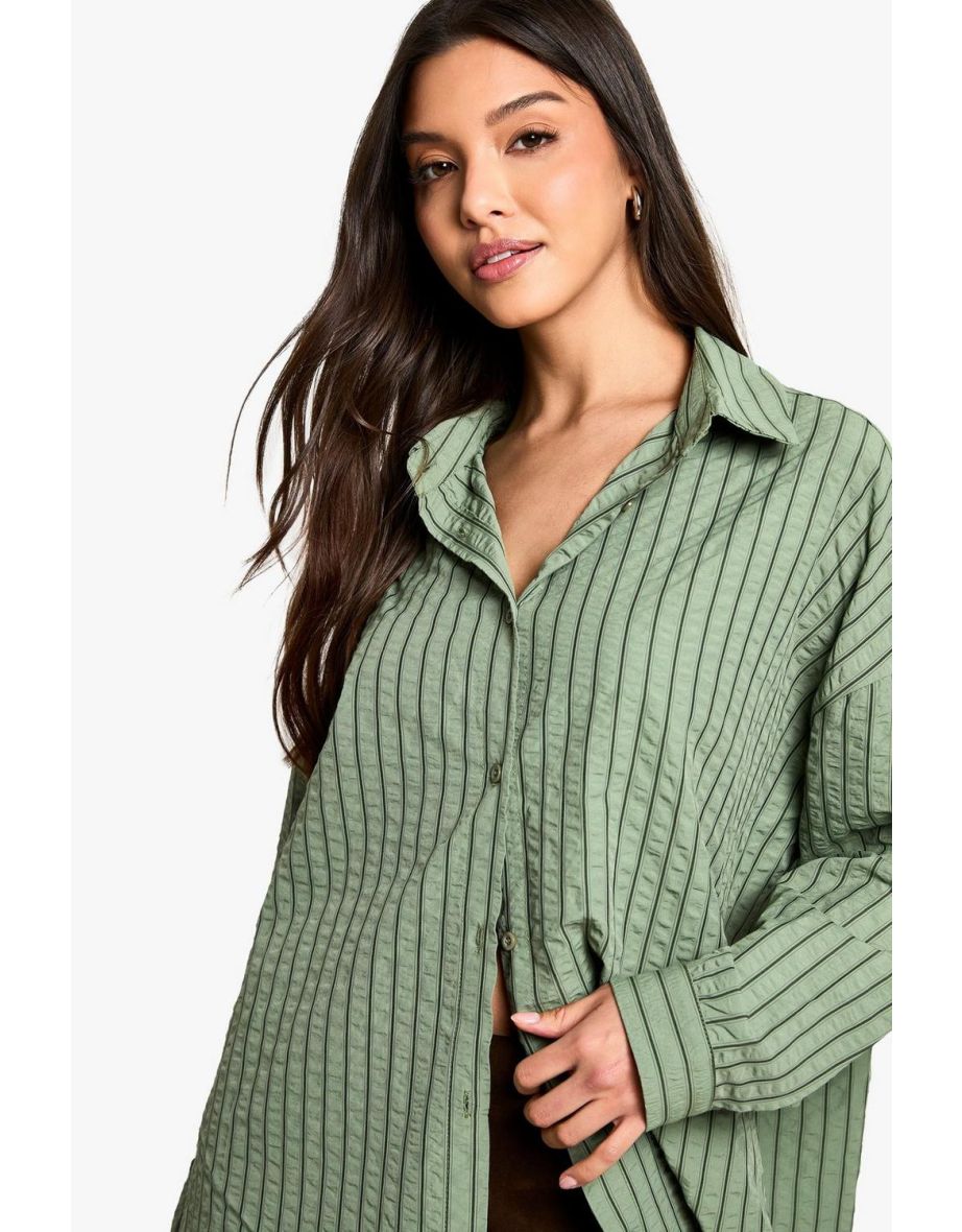 Khaki Wide Stripe Oversized Shirt - khaki - 3