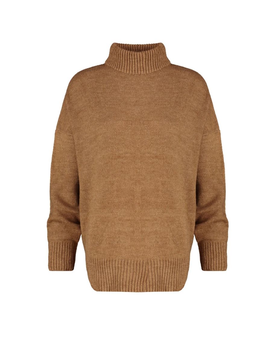 Light Brown Wide Fit, Soft Textured Standing Collar Knitwear Sweater - 7