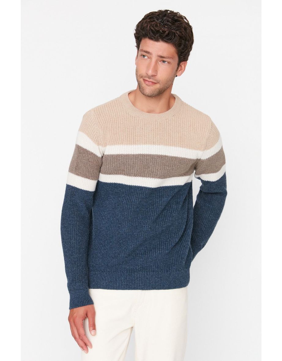 Beige Slim Fit Crew Neck Paneled Knitwear Sweater