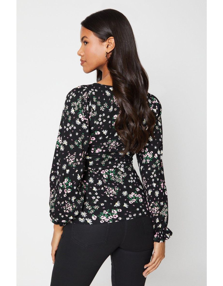 Floral Square Neck Long Sleeve Top - 2