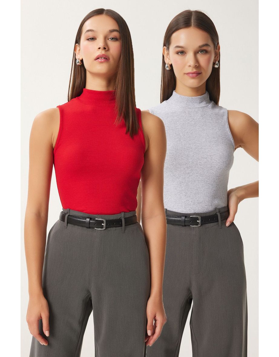 Women's Red Gray Melange Turtleneck Sleeveless 2-Pack Knitted Blouse