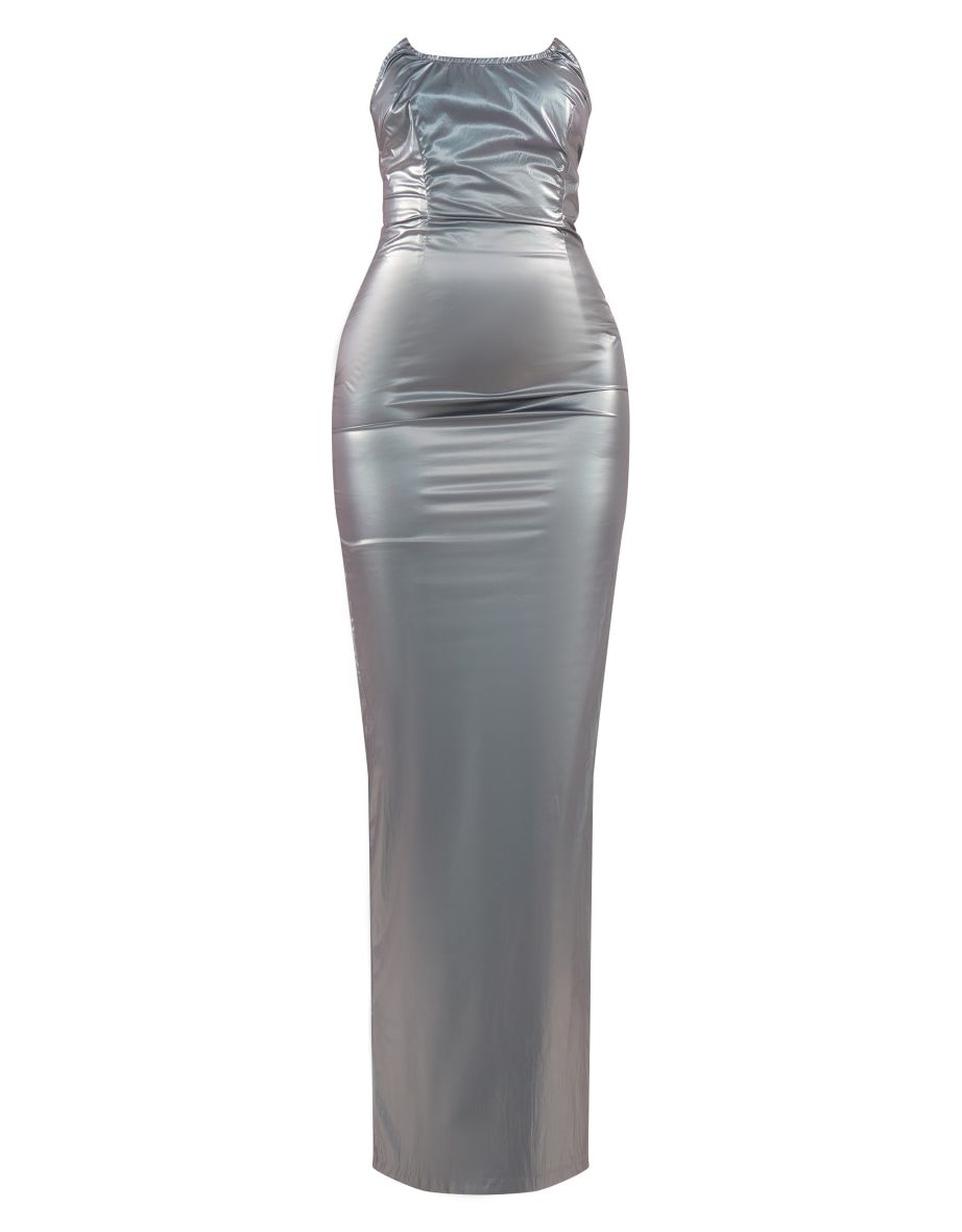 Blue Metallic Acetate Pointed Hem Maxi Dress - 4