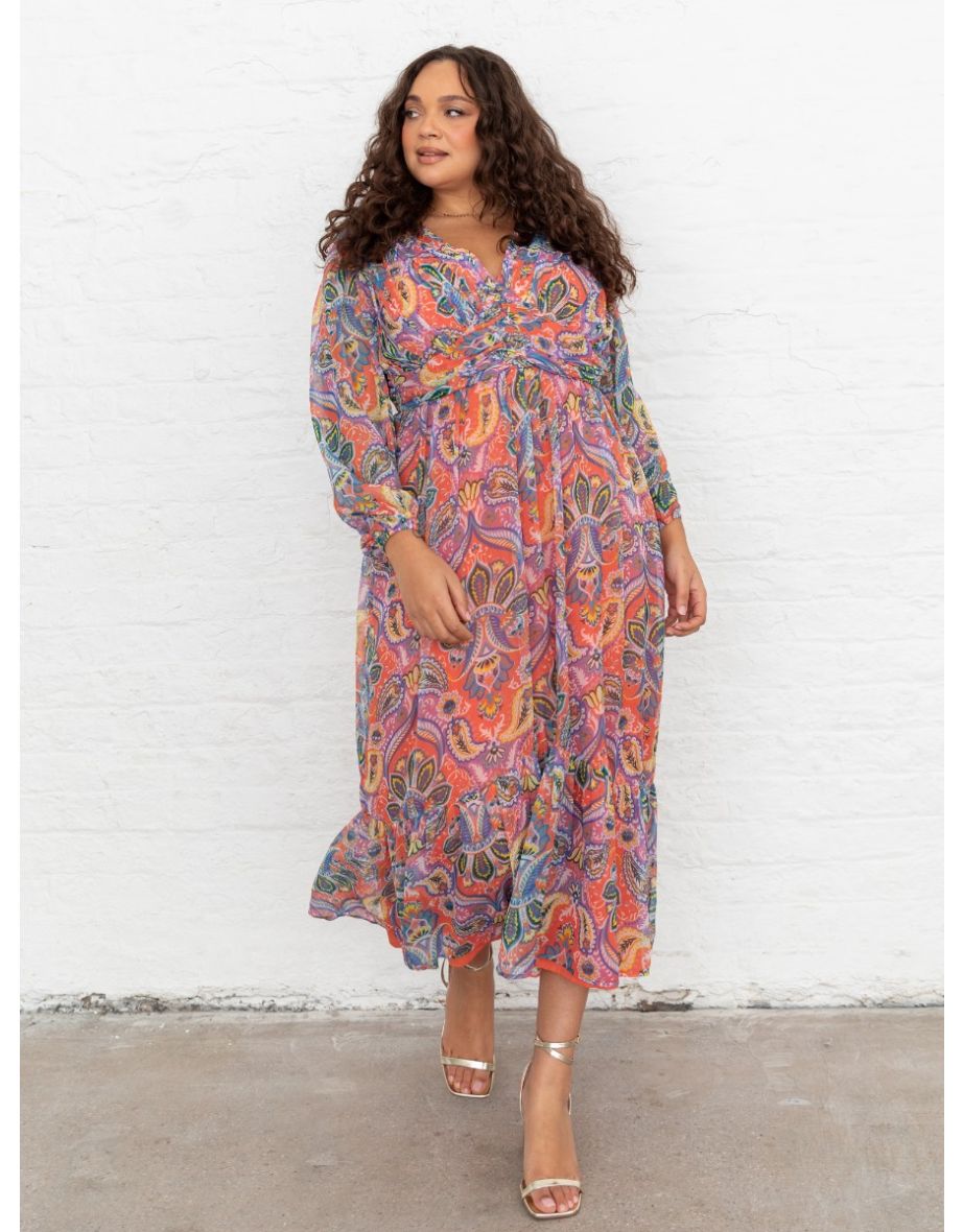 Lovedrobe Paisley V Neck Long Sleeve Midaxi Dress