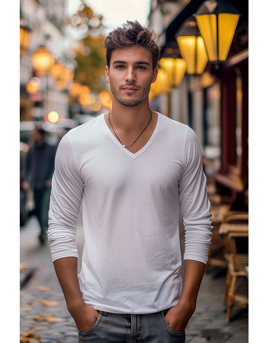 White Slim/Tight Fit V-Neck 100% Cotton Basic T-shirt