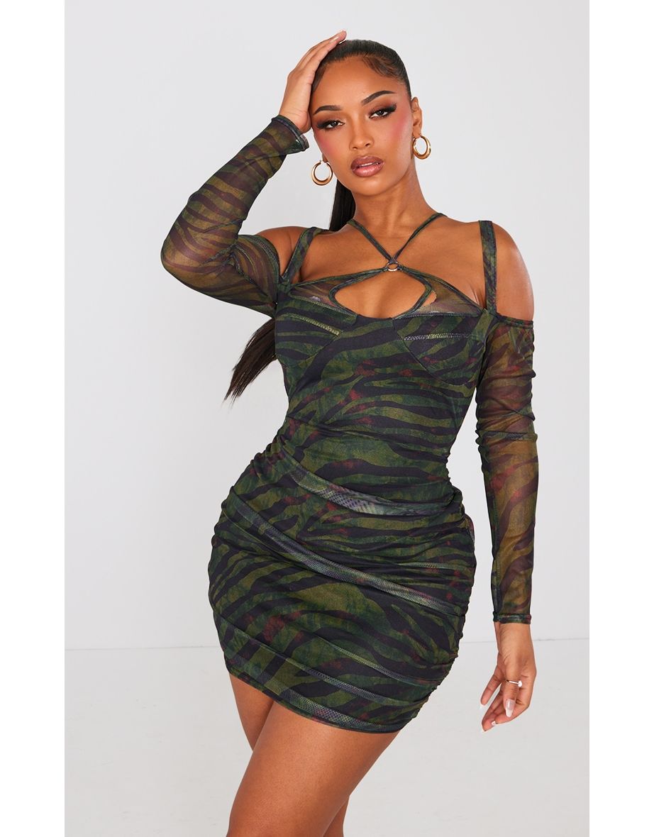 Shape Green Tiger Print Mesh Ring Halterneck Ruched Bodycon Dress