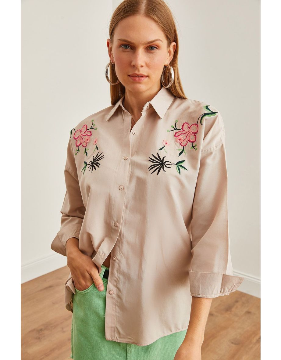 Women's Lily Stone Embroidery Detailed Oversize Woven Shirt
