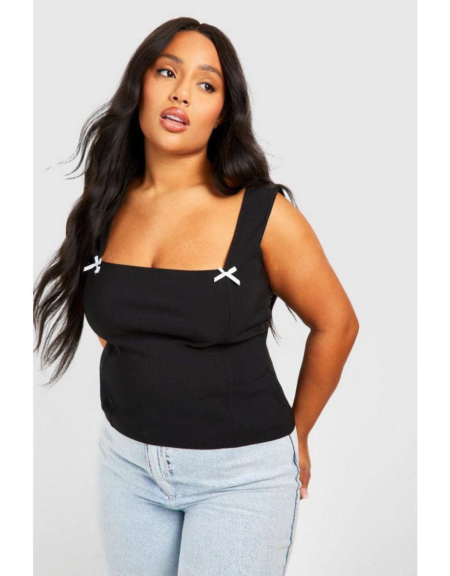 Plus Bow Detail Square Neck Top - black