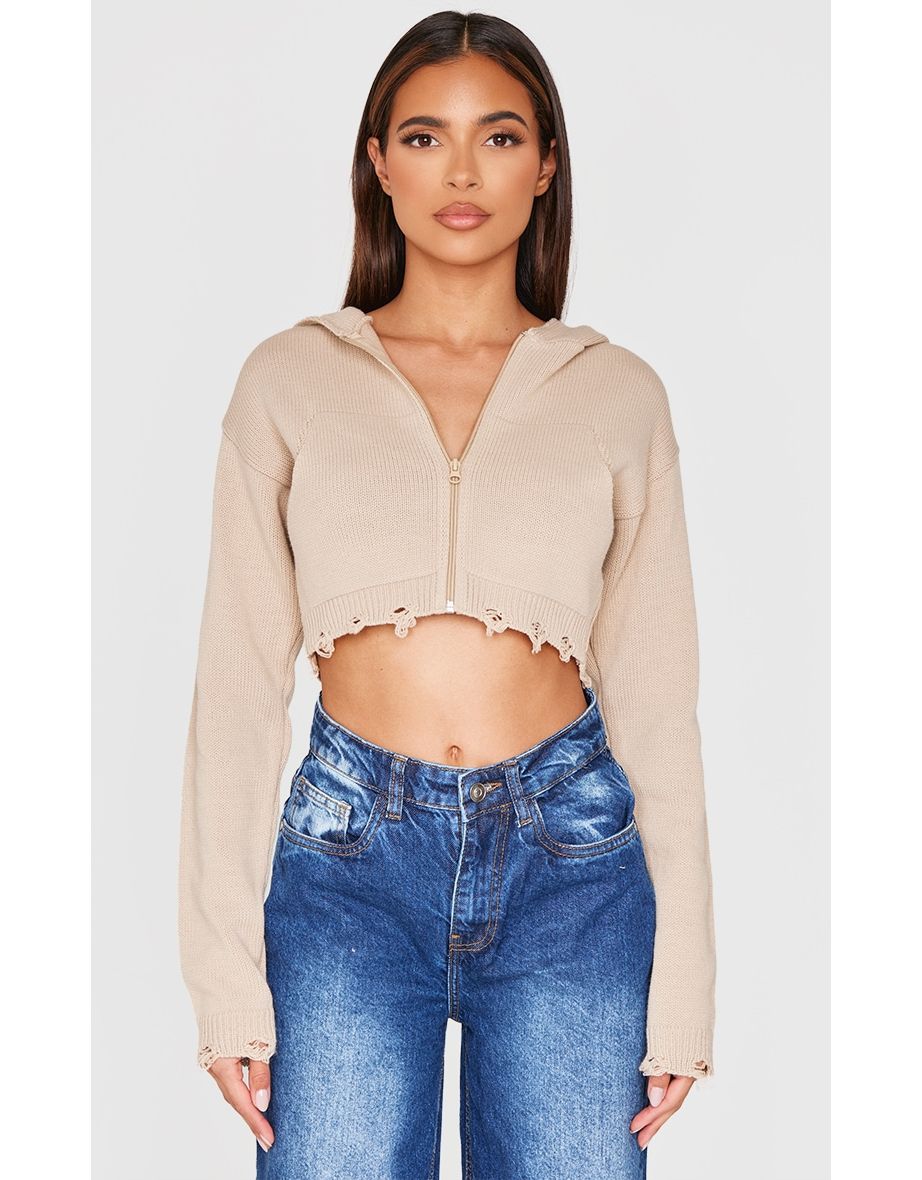 Mocha Knitted Zip Up Distressed Detail Cropped Jumper