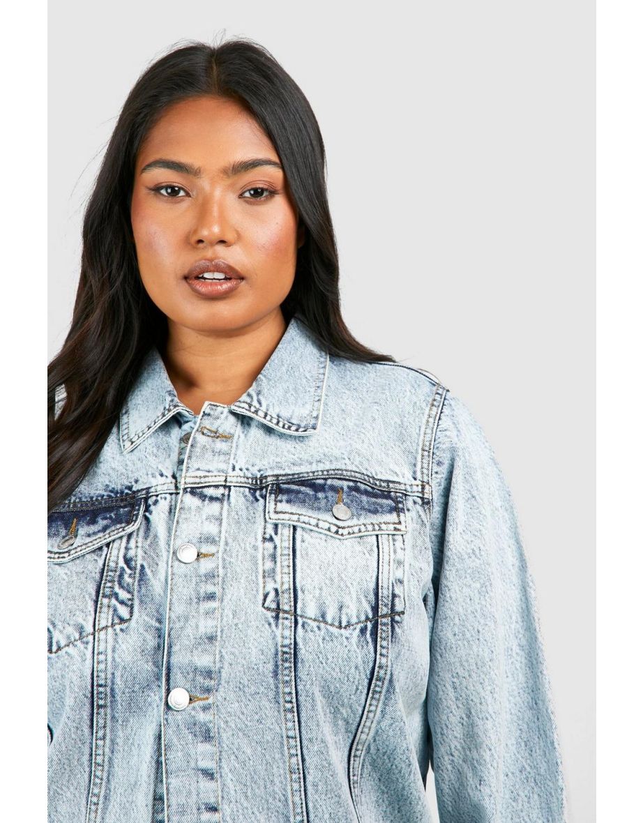 Plus Acid Wash Pocket Oversized Denim Jacket - acid wash light blue - 3