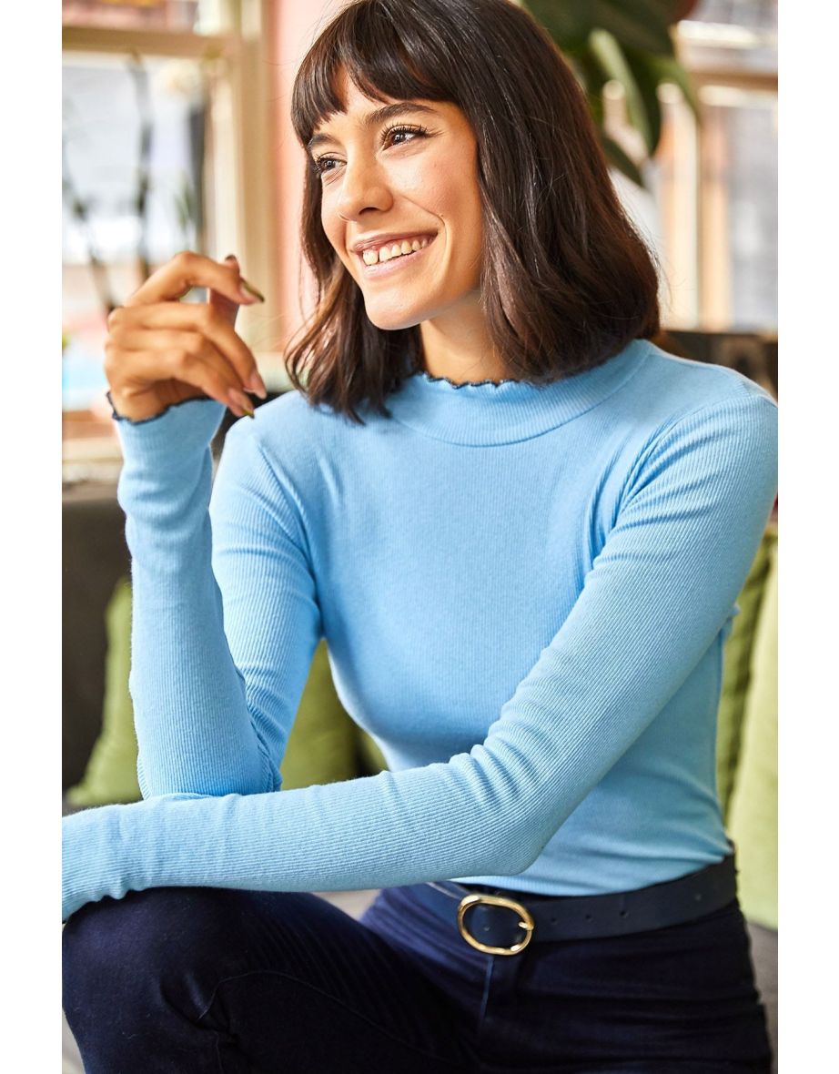 Women's Baby Blue Collar and Sleeve Detailed Camisole Blouse