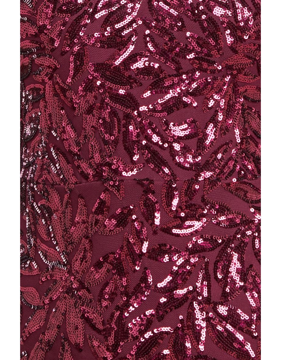 Goddiva Long Sleeve Sequin Leaf Long Sleeve Maxi Dress - Burgundy - 4