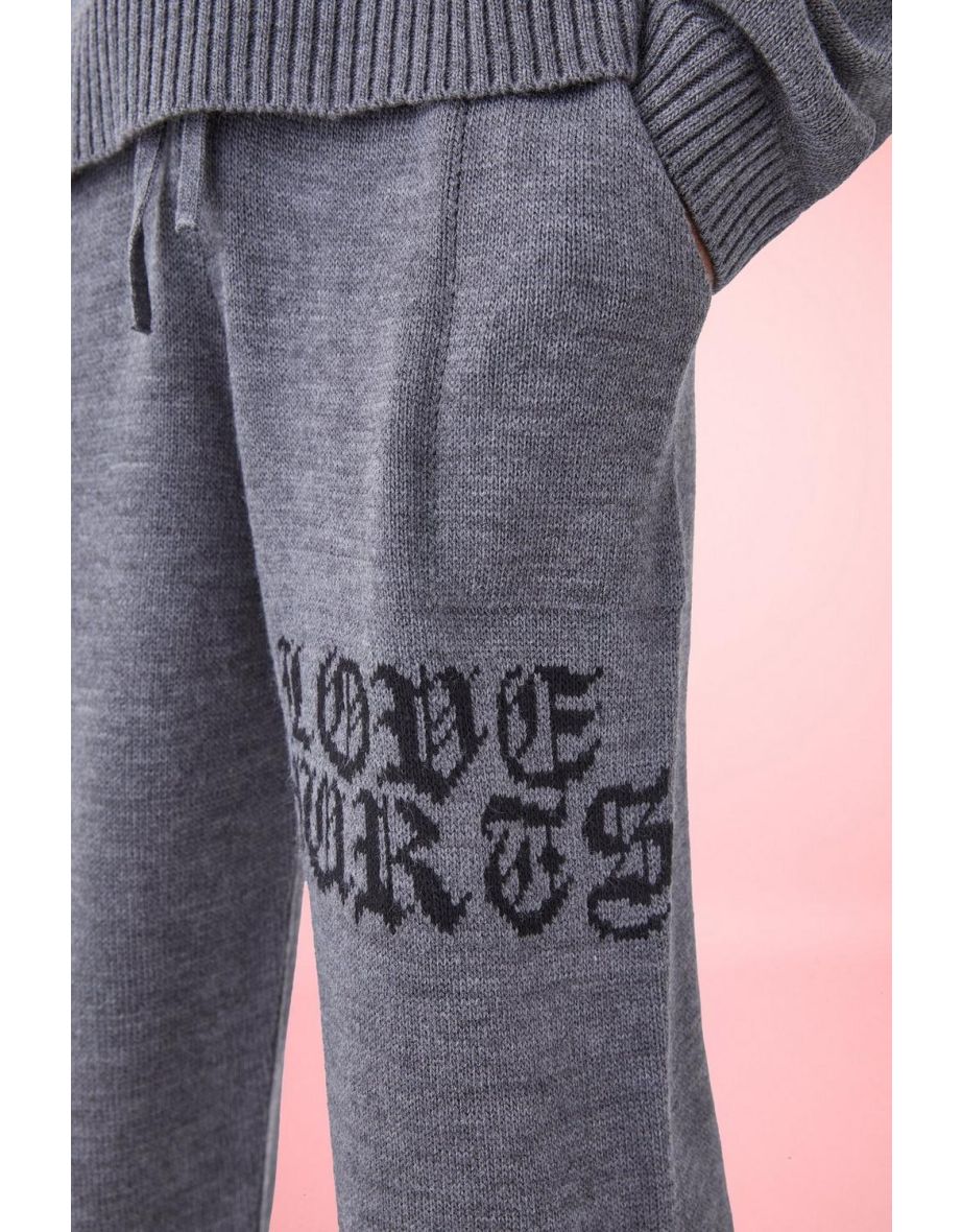 Relaxed Knitted Joggers With Gothic Font - charcoal - 2