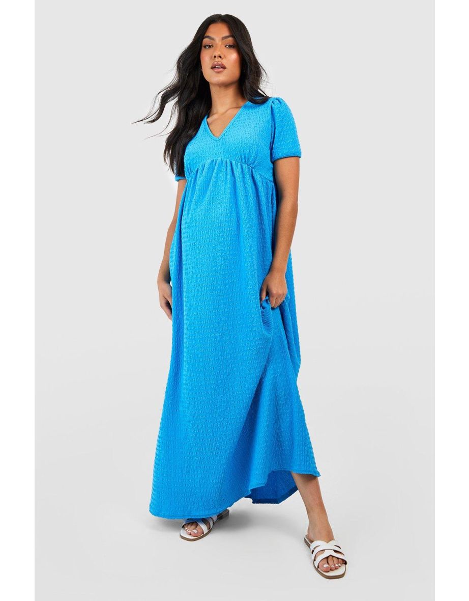 Maternity Textured Puff Sleeve Maxi Dress - turquoise