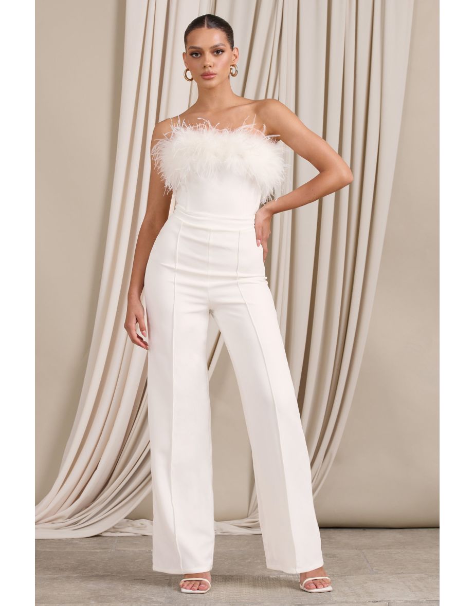 First Class Blue Bandeau Feather Wide Leg jumpsuit – Club L London