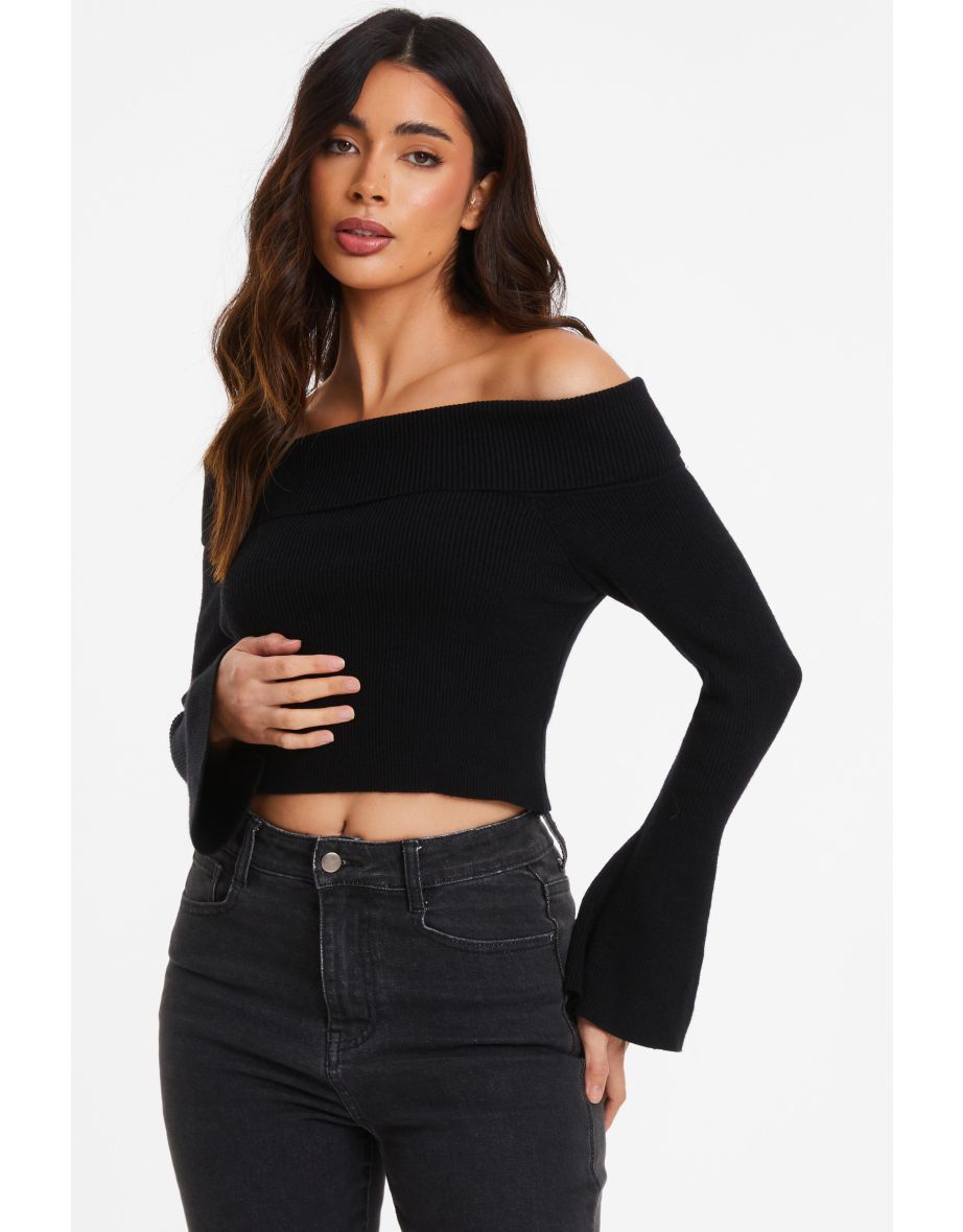 Black Ribbed Bardot Jumper