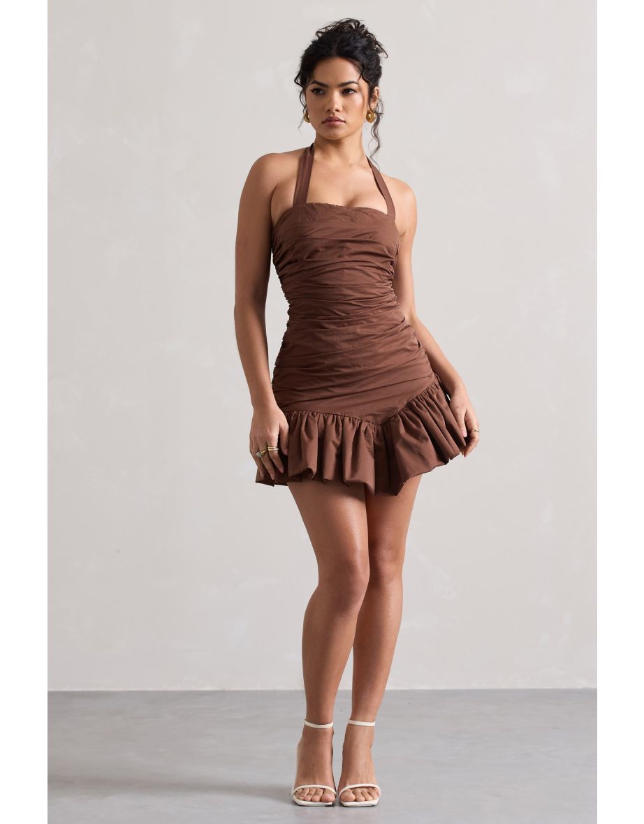 Zahra | Chocolate Brown Halter-Neck Ruched Mini Dress With Ruffle Hem