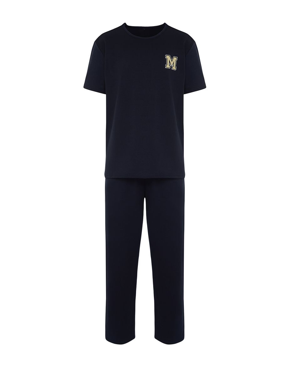 Men's Navy Blue Short Sleeve Printed Regular Fit Pajama Set